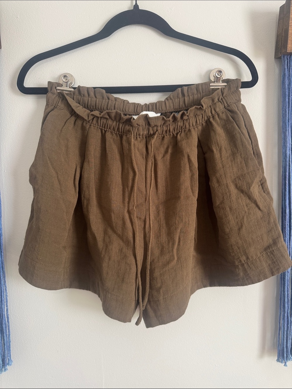 H&M Brown High-Waist Linen-Blend Drawstring Shorts